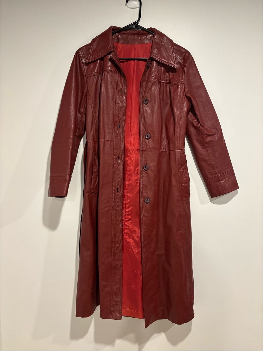 Vintage Blue Sky 1970s Burgundy Oxblood Leather Trench Coat Size Small